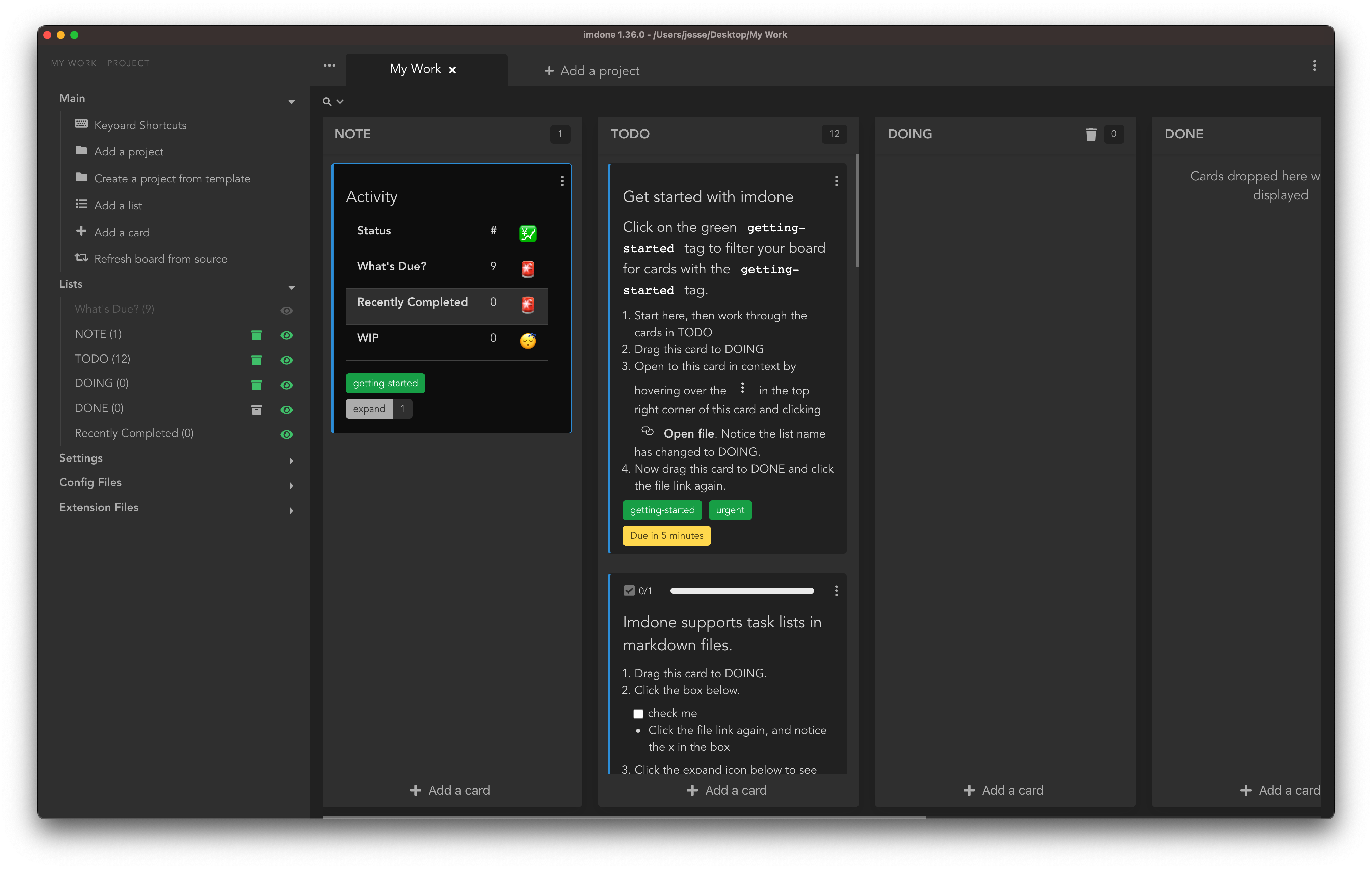 Imdone Desktop kanban board showing TODO, DOING, and DONE lists with cards
