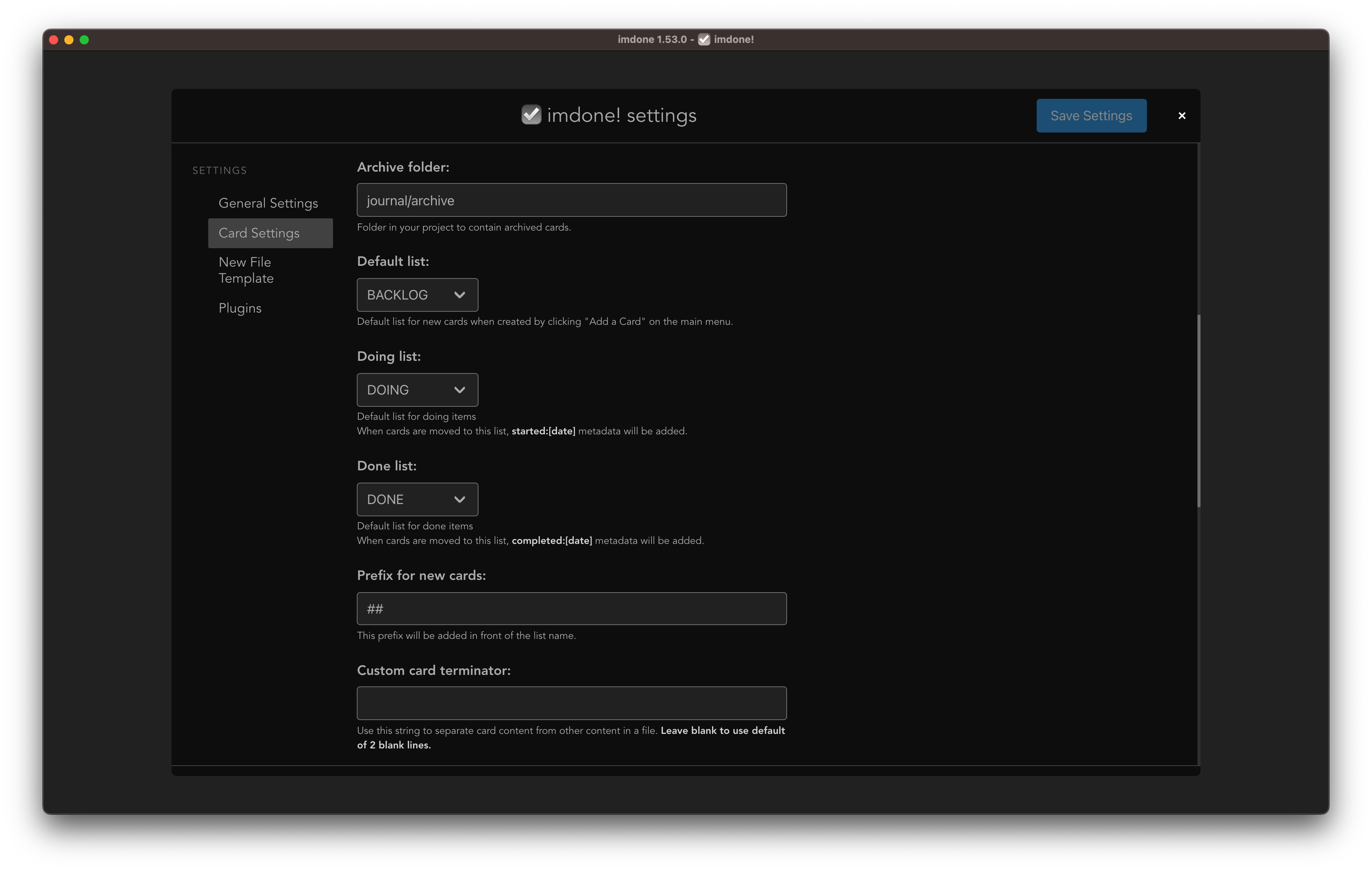 Card Settings cont.