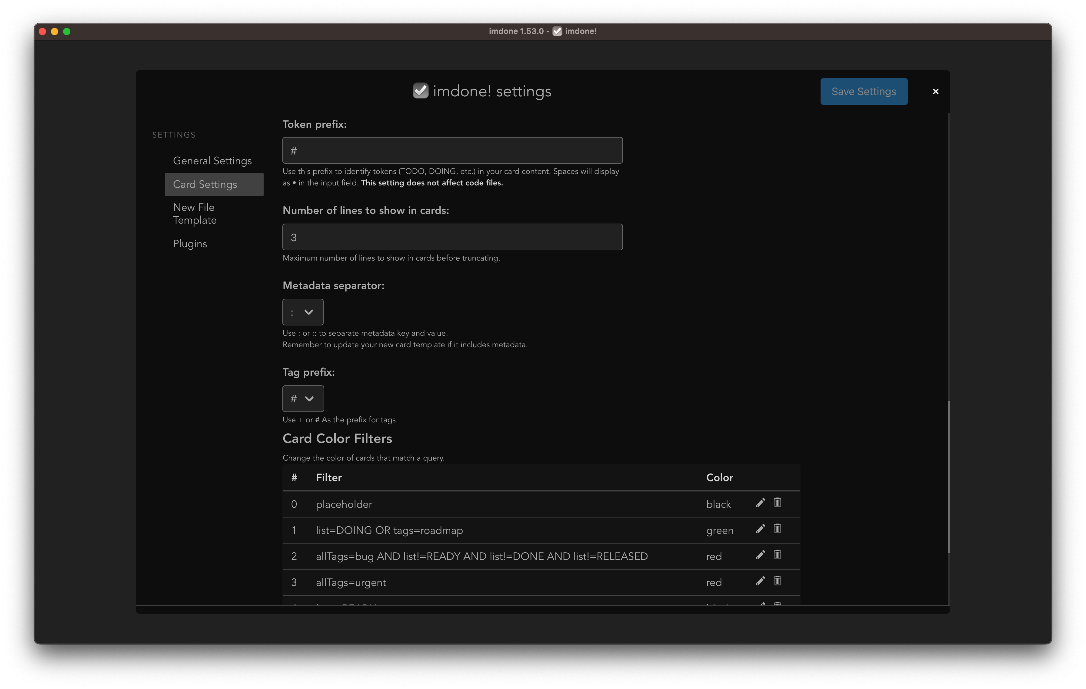 Card Settings cont.