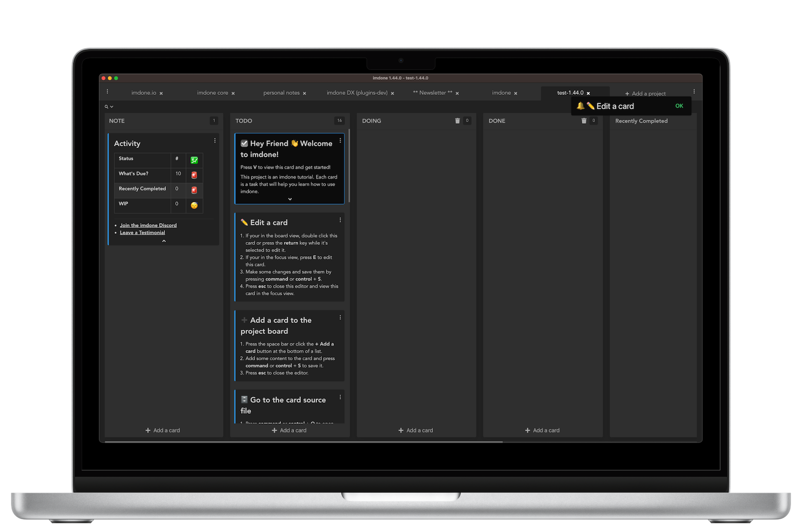 Imdone Desktop kanban board showing TODO, DOING, and DONE lists with cards